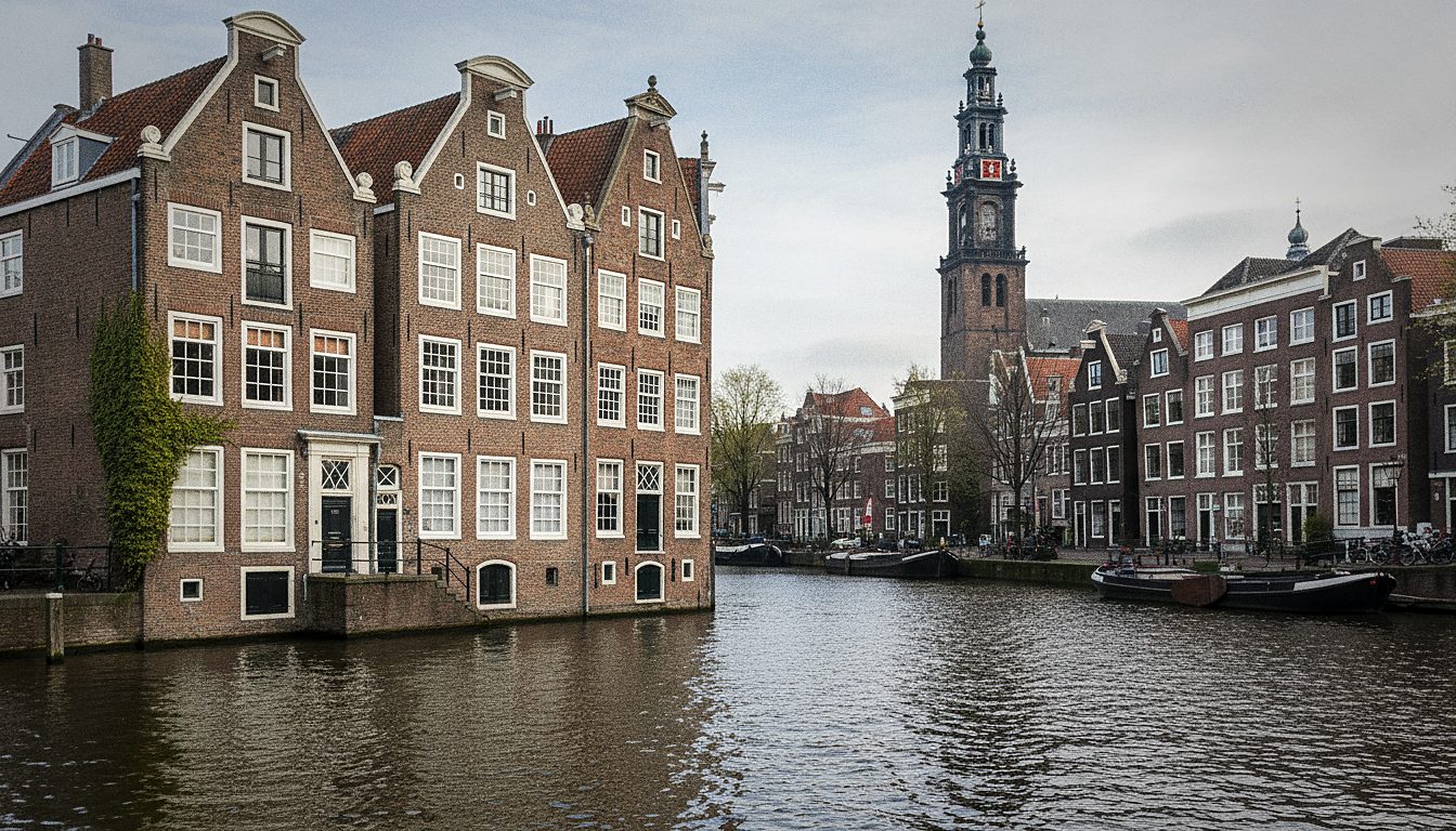 Canal-side view of the 17th-century house on the Prinsengracht in Amsterdam that holds the Anne Frank House museum